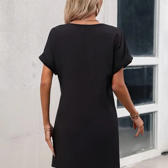 Abstract Print V Neck Loose Dress, Casual Short Sleeve Dress For Spring & Summer - Picture 5 of 6